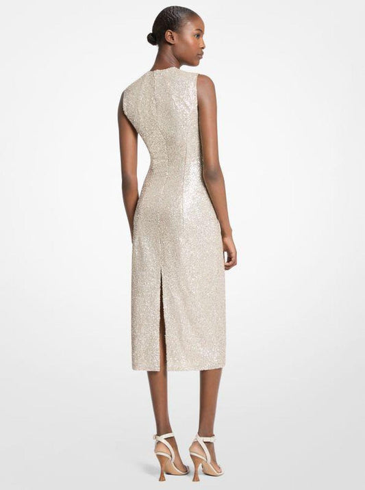 Hand-Embroidered Sequined Stretch Tulle Sheath Dress