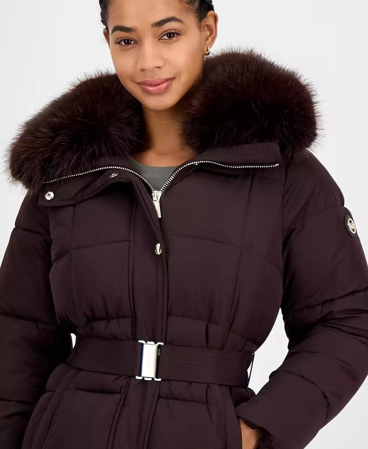 Women's Belted Hooded Faux-Fur-Collar Puffer Coat, Exclusively at Macy's