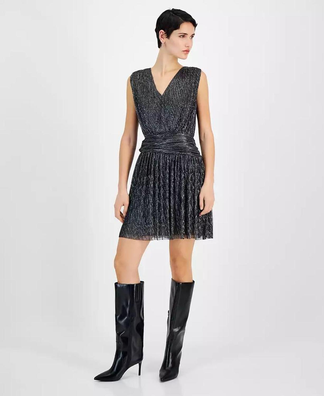 Women's Metallic Pleated V-Neck Mini Dress
