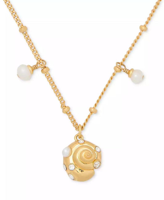 Gold-Tone Pavé & Freshwater & Imitation Pearl Shell Pendant Necklace, 16" + 3" extender