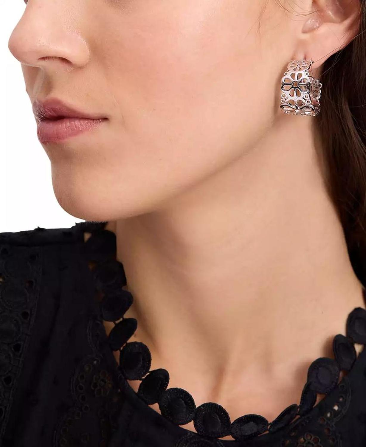 Small Spade Flower Lace Hoop Earrings, 1.05"