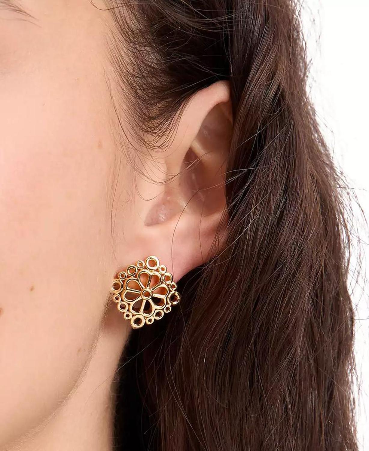 Gold-Tone Spade Flower Lace Stud Earrings