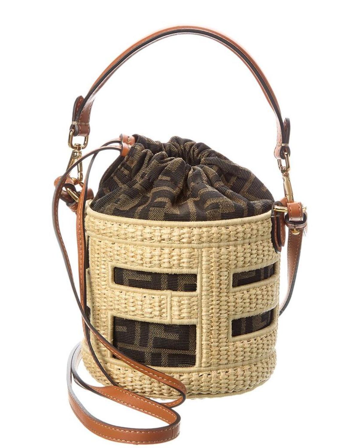 FENDI Mini Raffia Leather Bucket Bag