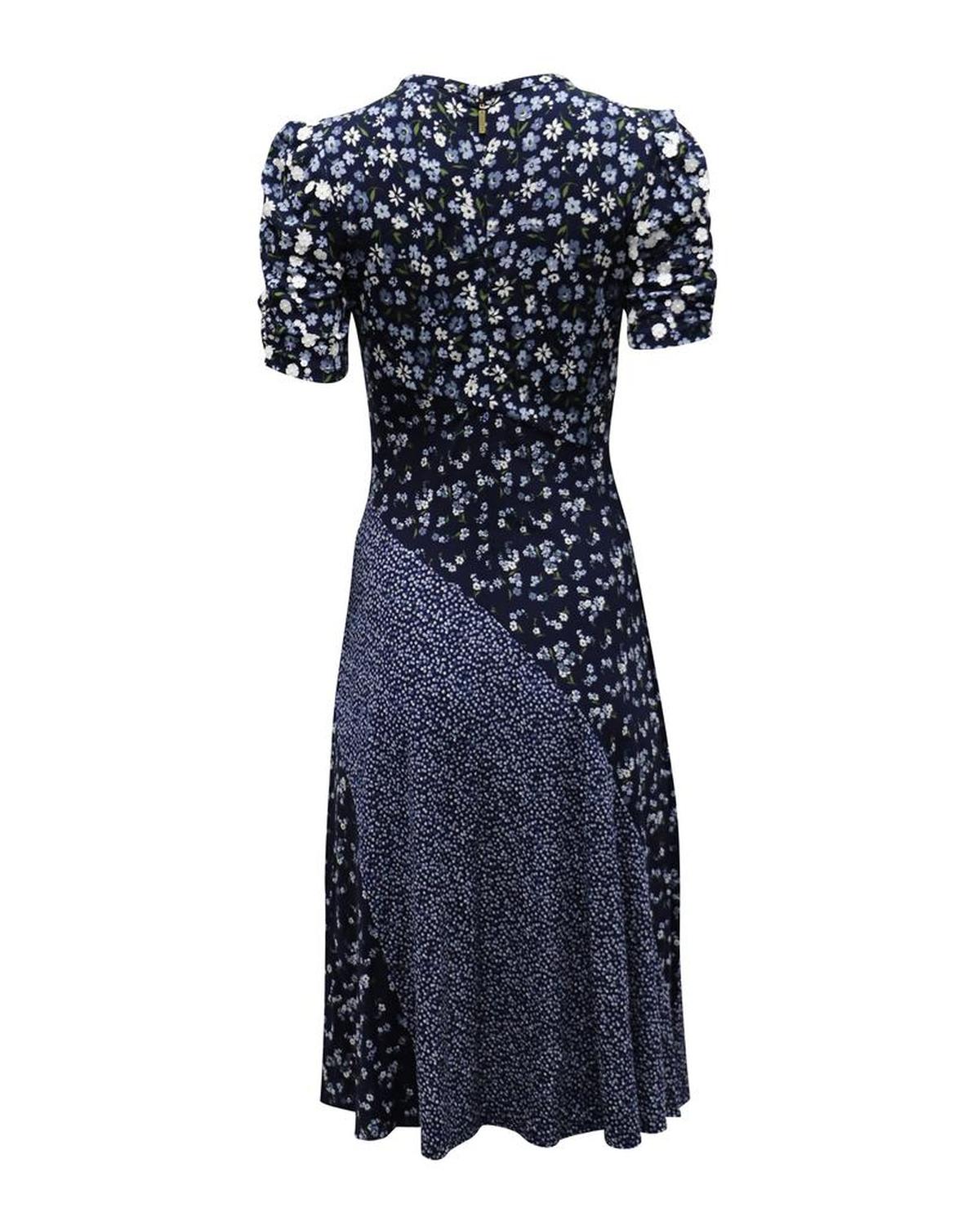 Floral Print Paneled Midi Dress in Multicolor Viscose