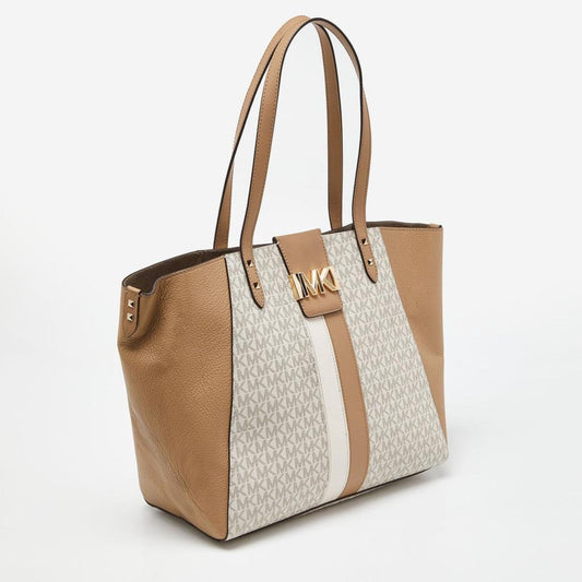 Michael Kors Vanilla/tan Siganture Coated Canvas And Leather Karlie Tote
