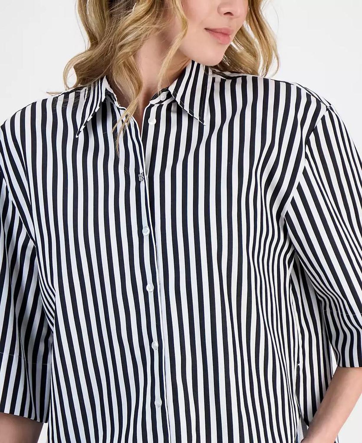 Women's Striped Cotton Elbow-Sleeve Button-Front Shirt