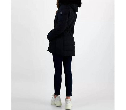 Belted Faux-Fur-Trim Hooded Puffer Coat In Black