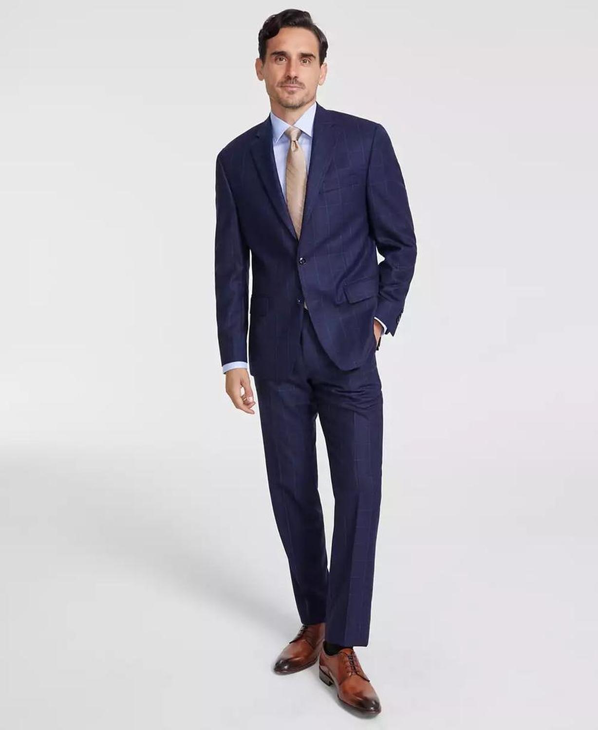 Men's Classic-Fit Plaid Wool Blend Stretch Suit Separates