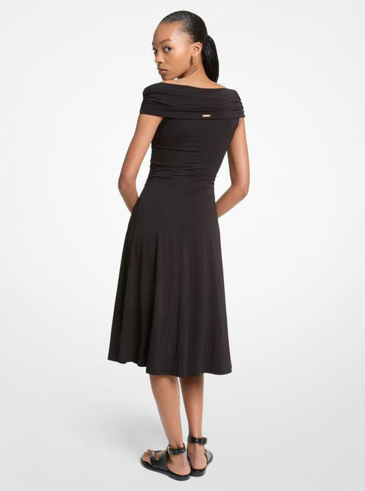 Stretch Viscose Off-The-Shoulder Midi Dress