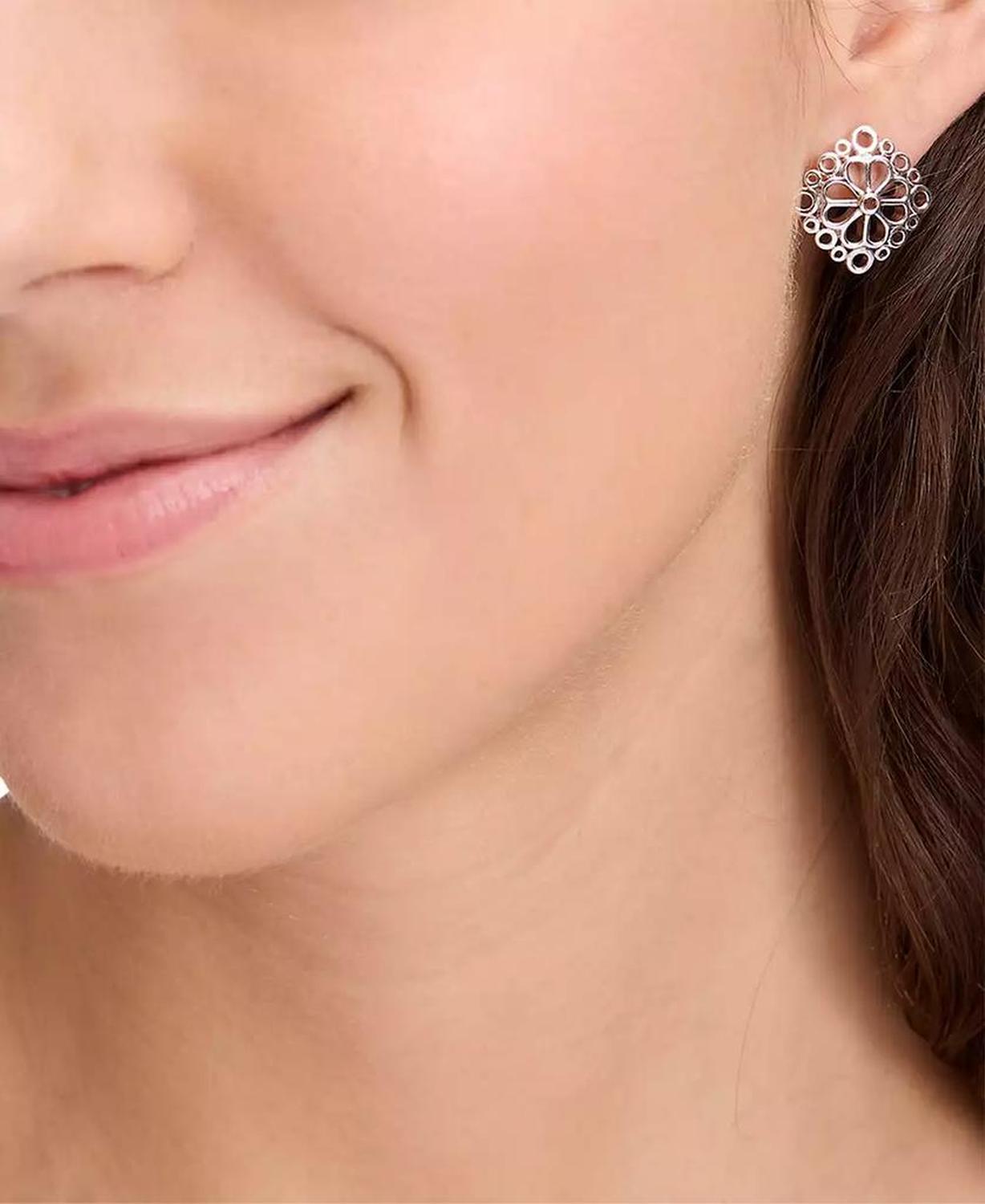 Silver-Tone Spade Flower Lace Stud Earrings