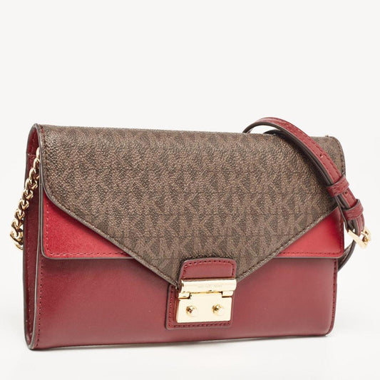 Michael Kors /brown Signature Coated Canvas And Leather Chain Clutch