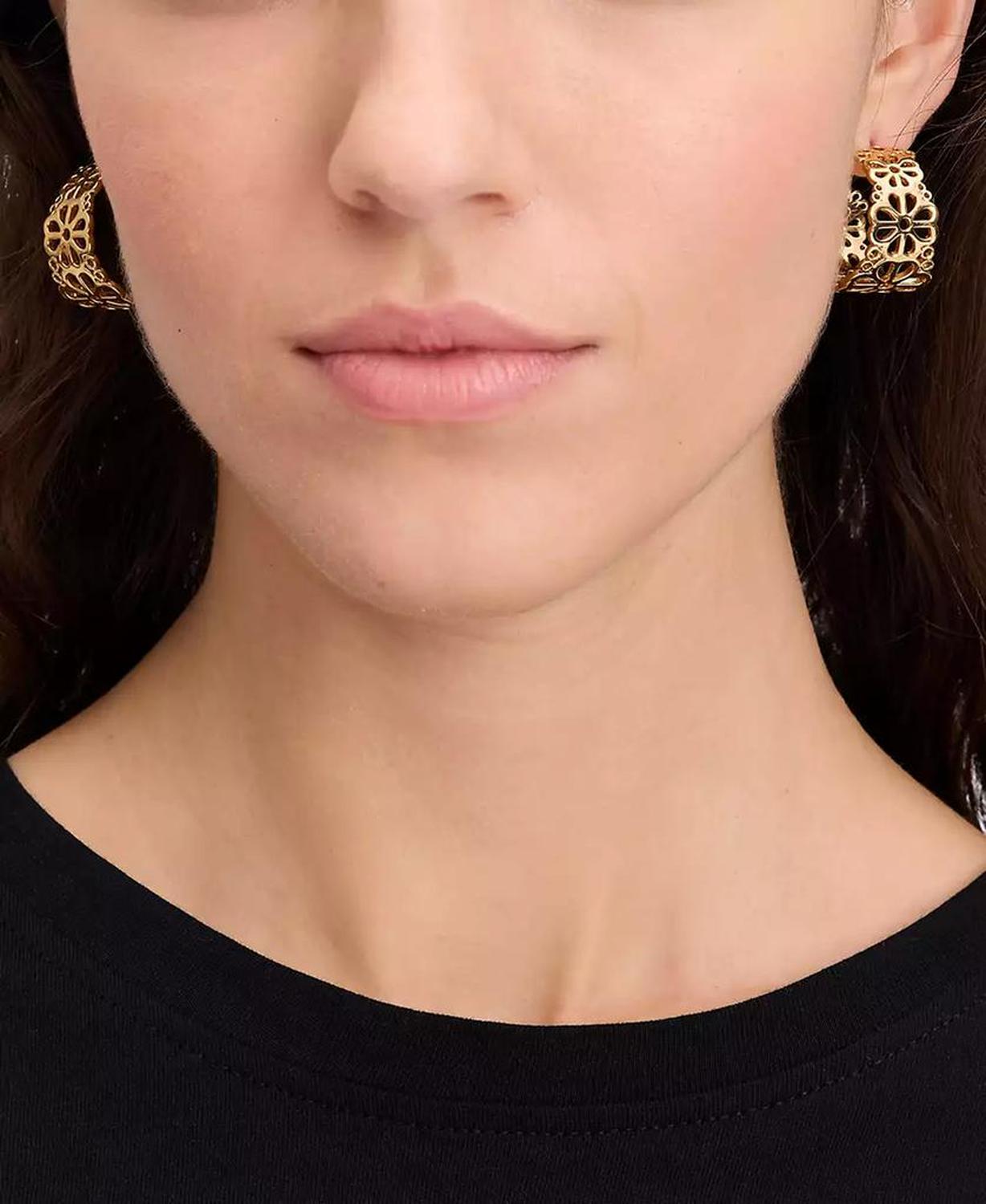 Small Spade Flower Lace Hoop Earrings, 1.05"