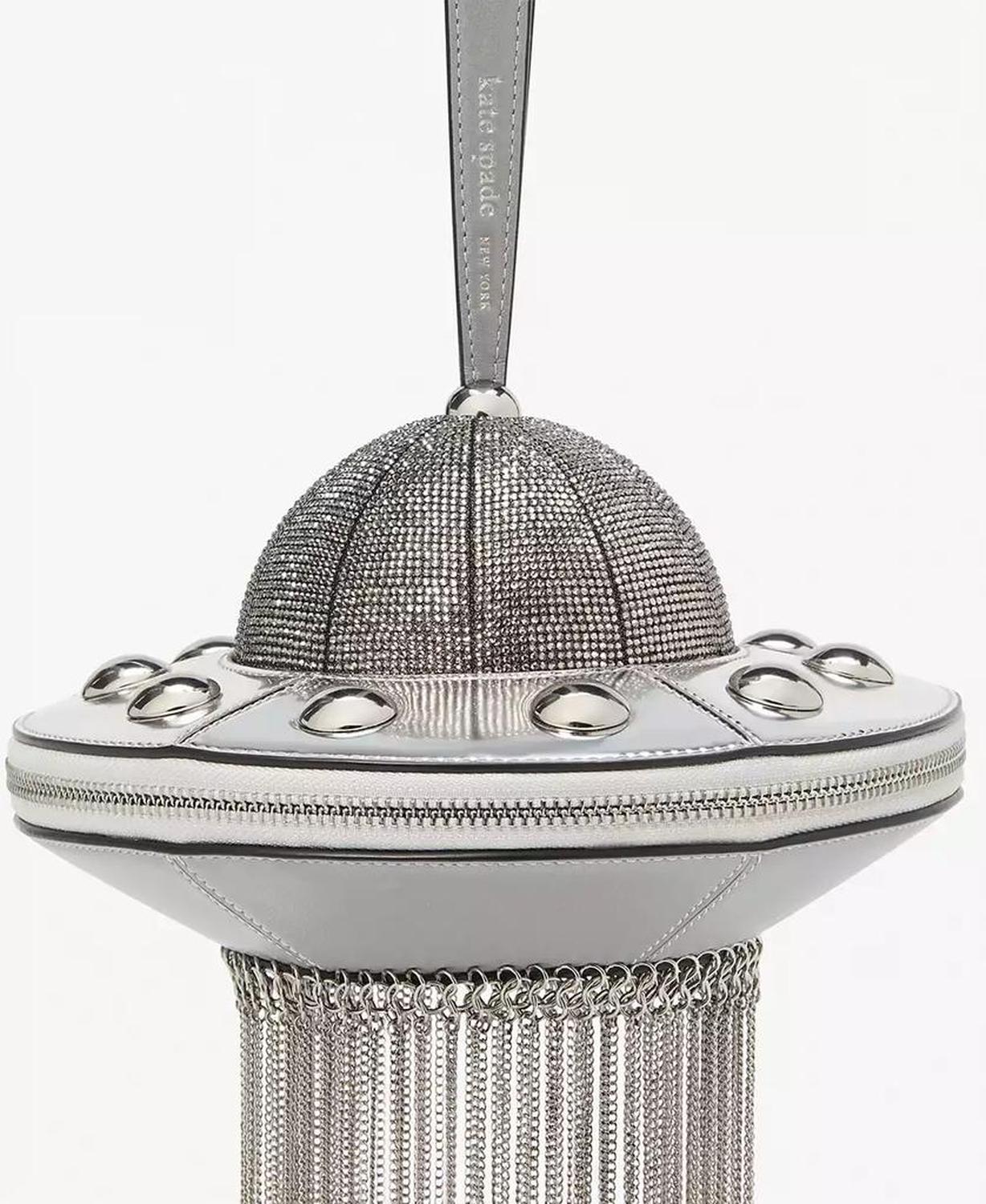 Spaced Out Embellished Metallic Leather 3D UFO Top Handle