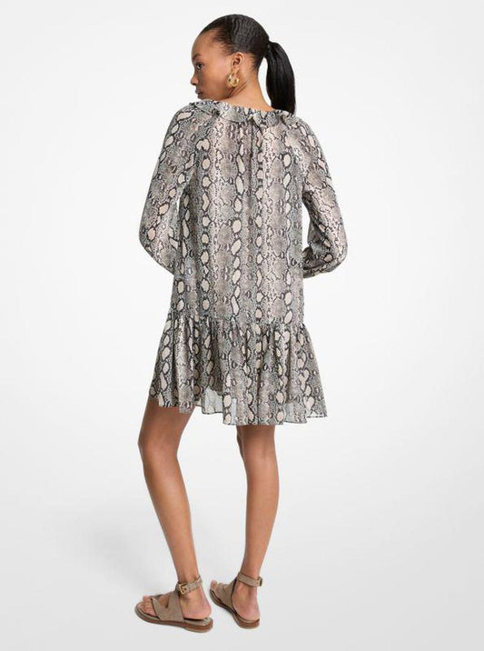 Snake Print Georgette Ruffle Mini Dress