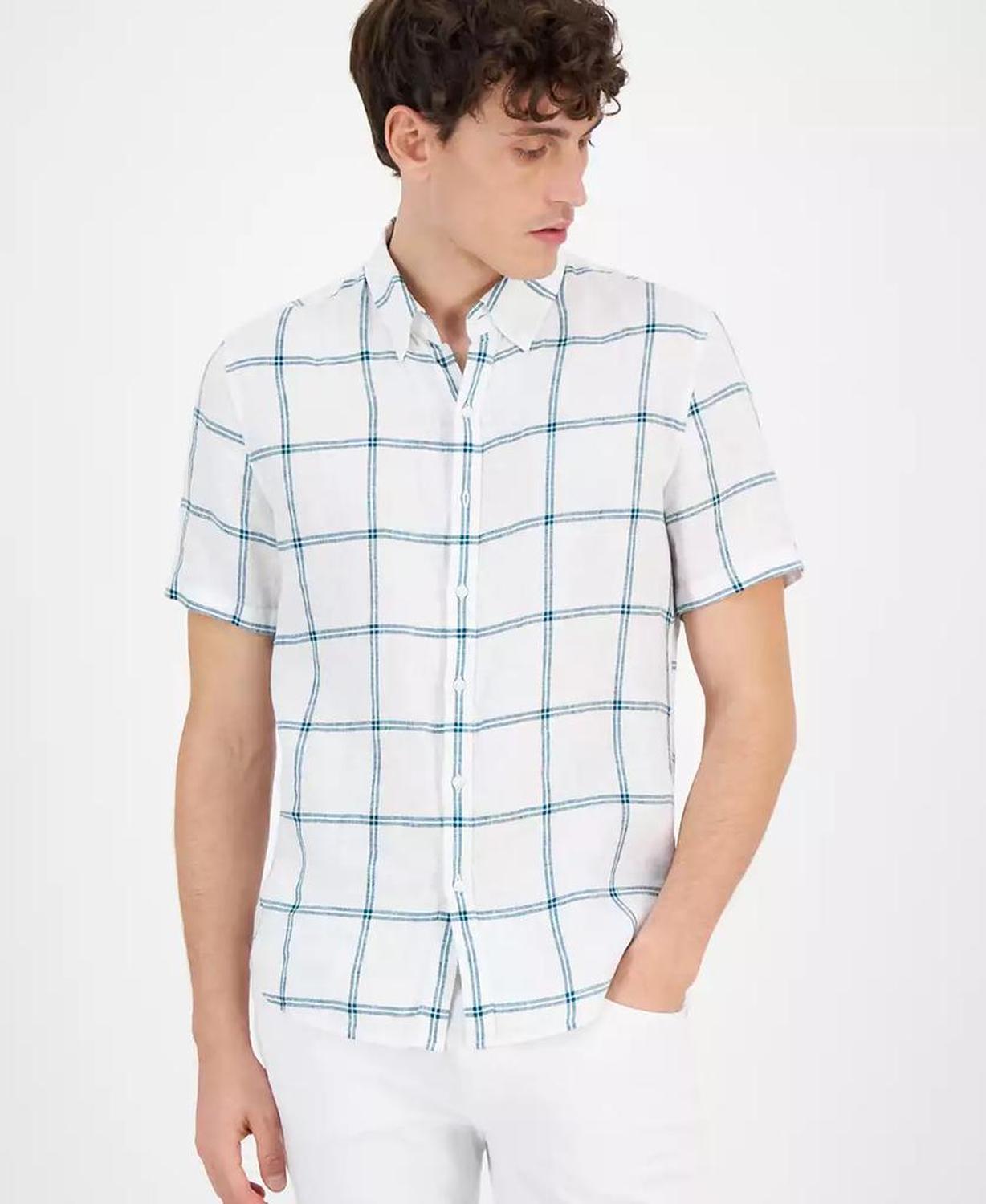 Men's Short-Sleeve Plaid Linen Button-Down Shirt