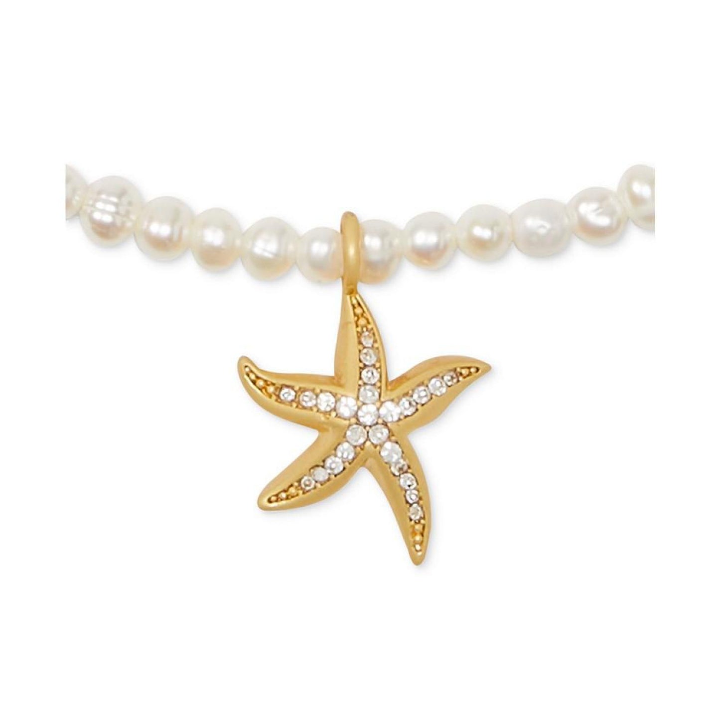 Gold-Tone Pavé Starfish Charm Cultured Freshwater Pearl (4mm) Beaded Ankle Bracelet
