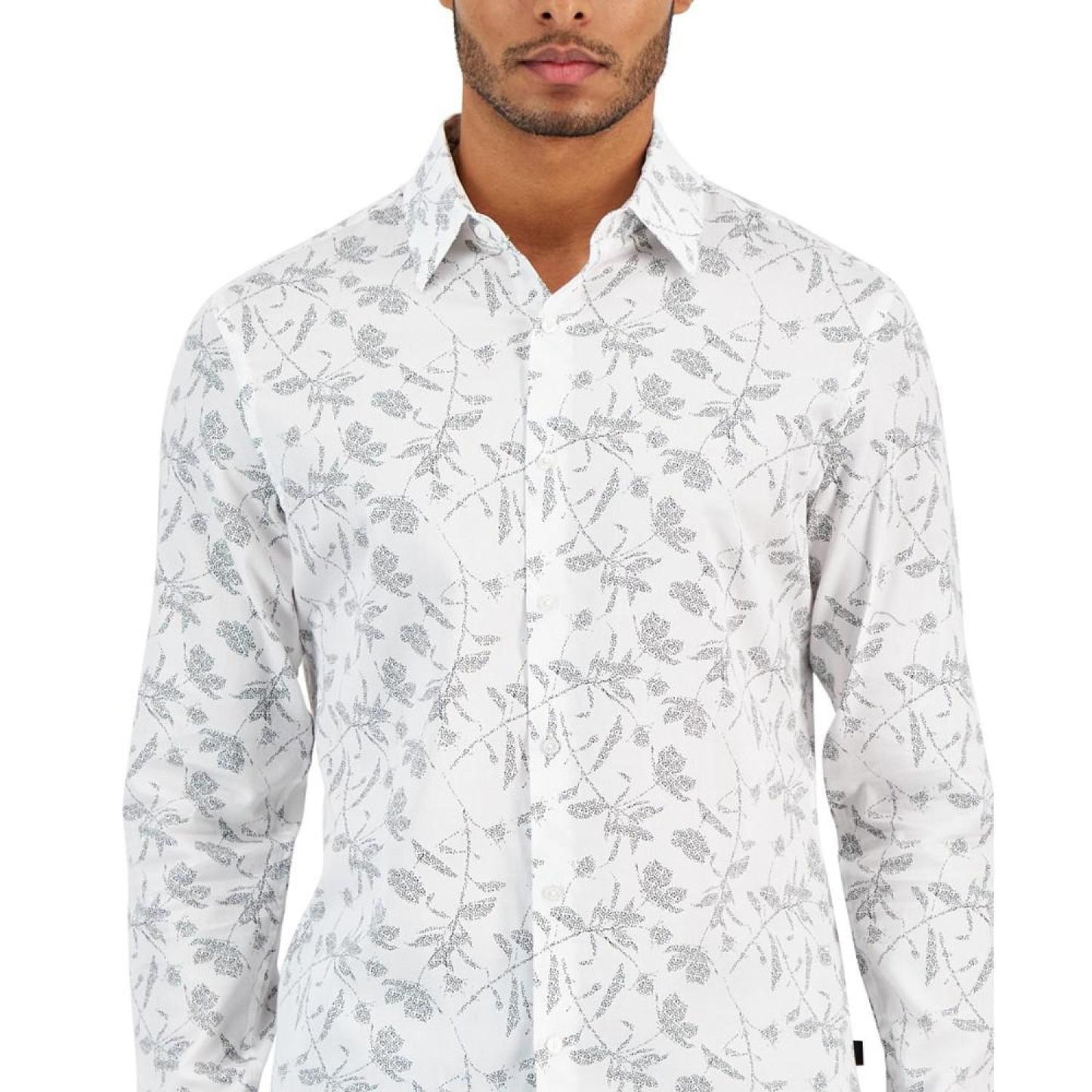 Men's Slim-Fit Stretch Dotted Botanical-Print Button-Down Shirt
