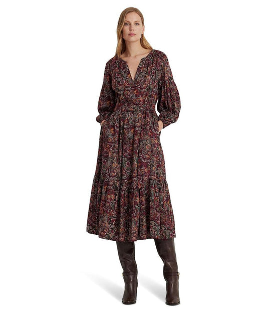 Floral Belted Cotton Voile Tiered Dress