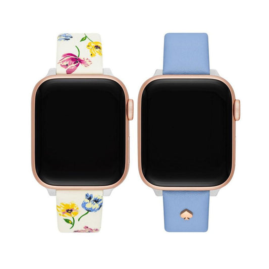 Women's Three Hand Quartz White Floral and Blue Leather Cross-Compatible Bands for Apple Watch, 38, 40, 41mm with Classic Watch Head Set, 38mm