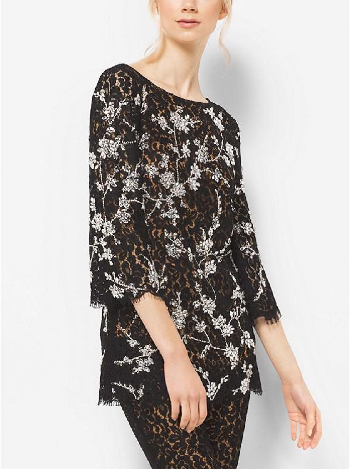 Crystal-Embroidered Floral Lace Tunic