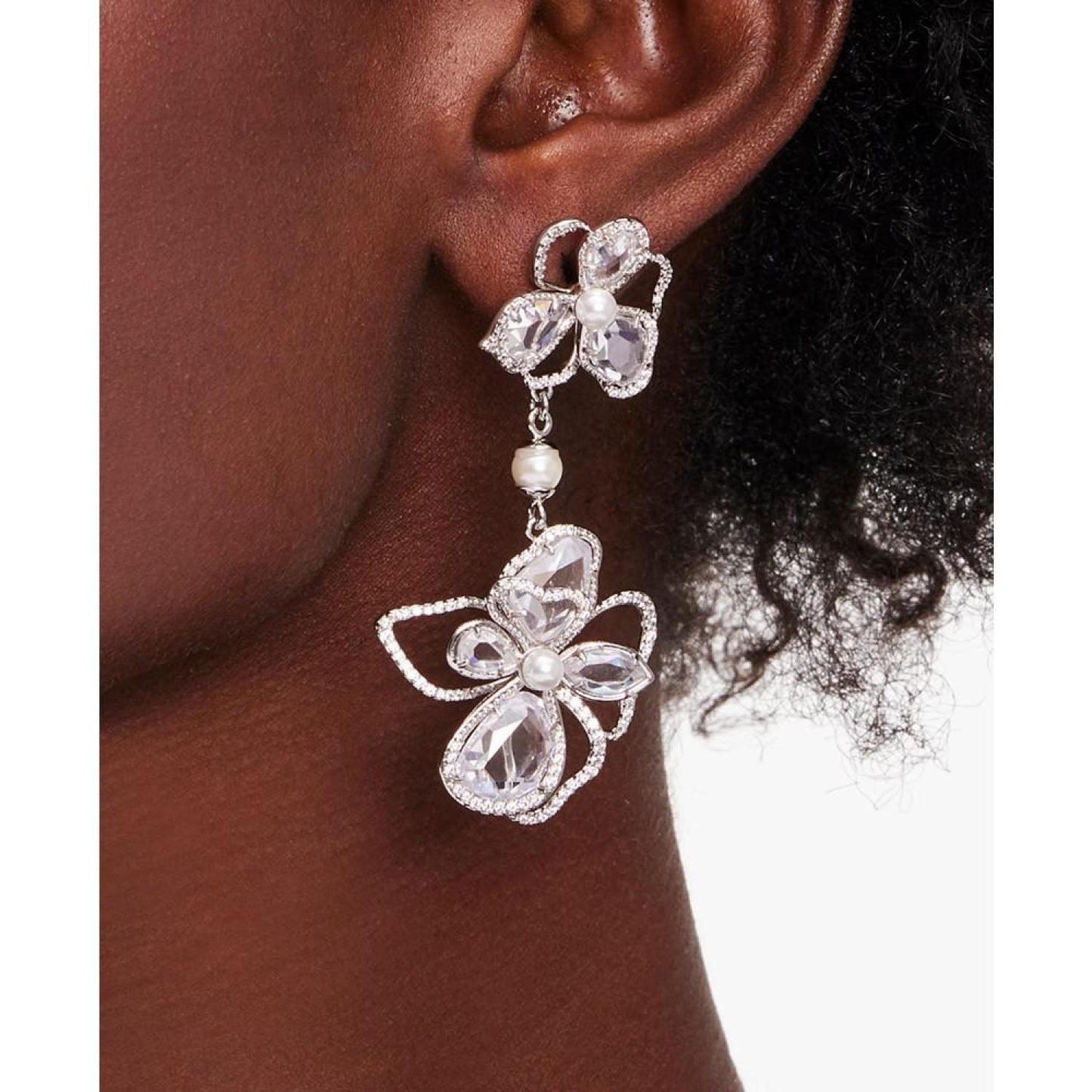 Silver-Tone Cubic Zirconia & Imitation Pearl Flower Double Drop Earrings