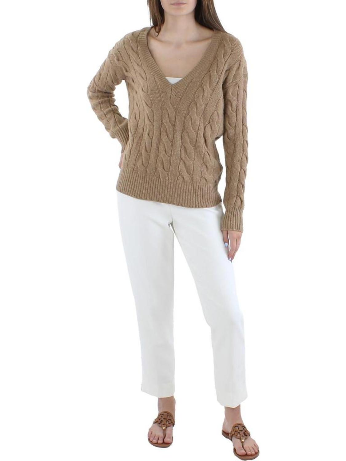 Womens Wool Cable Knit V-Neck Sweater