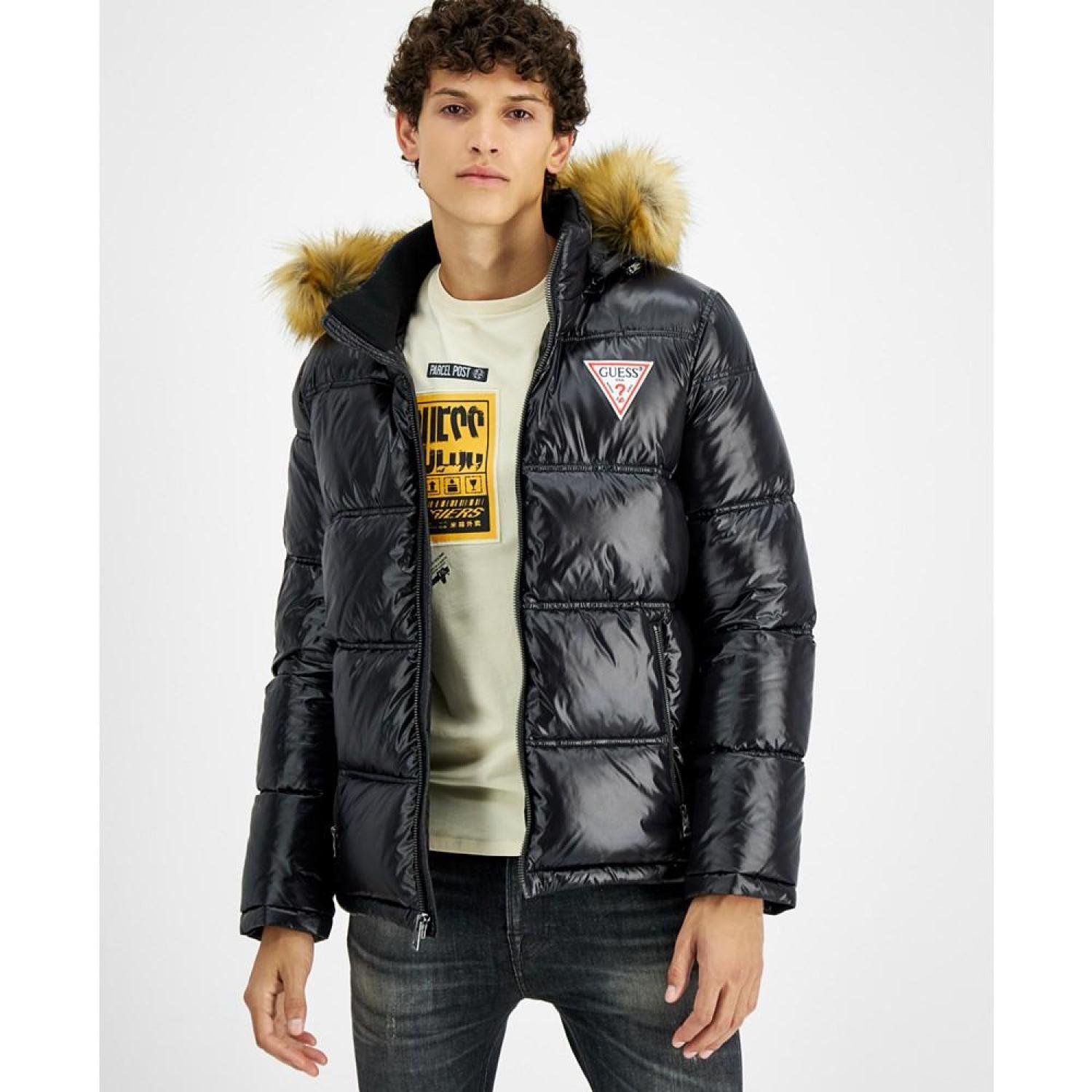 Men's Puffer Jacket With Faux Fur Hood - Main Image