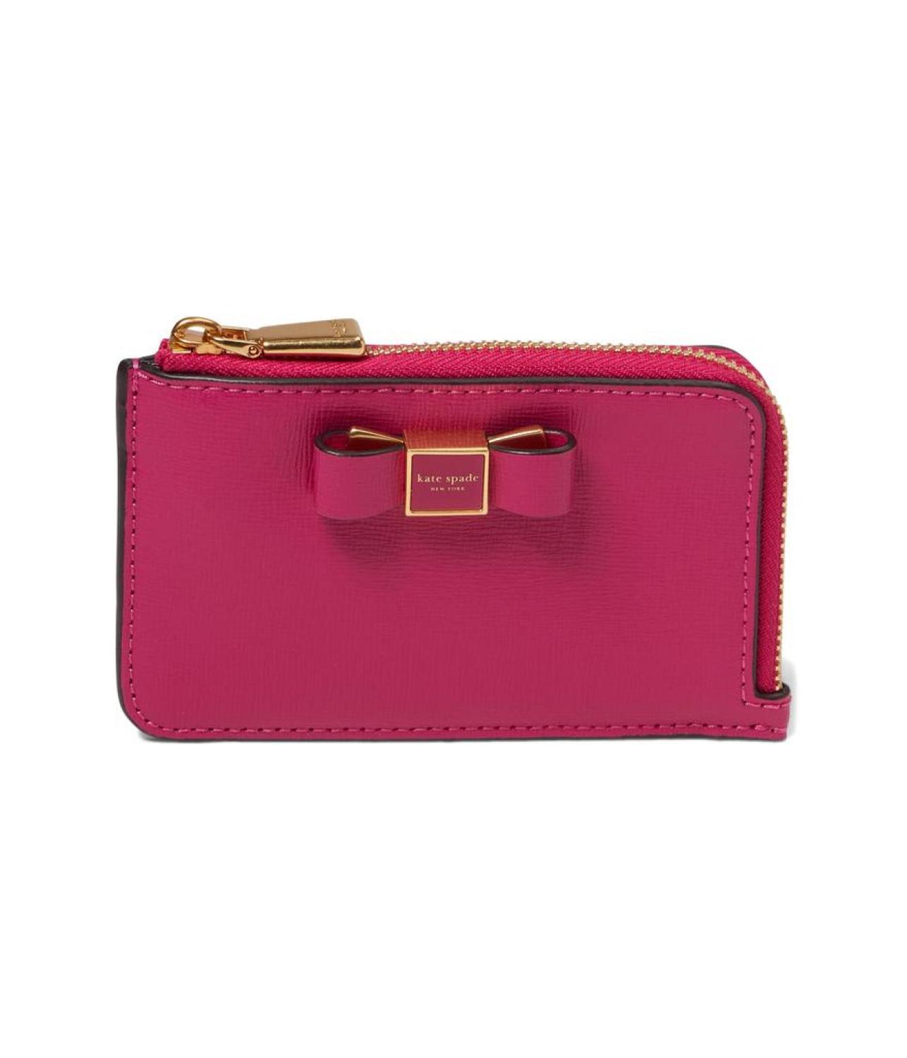 Morgan Bow Embellished Saffiano Leather Zip Card Holder