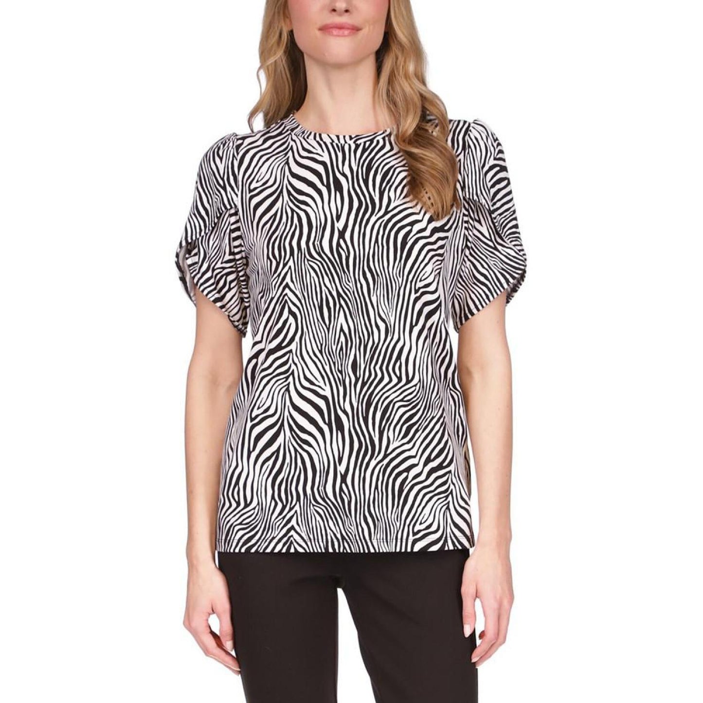 Petite Zebra-Print Petal-Sleeve Top