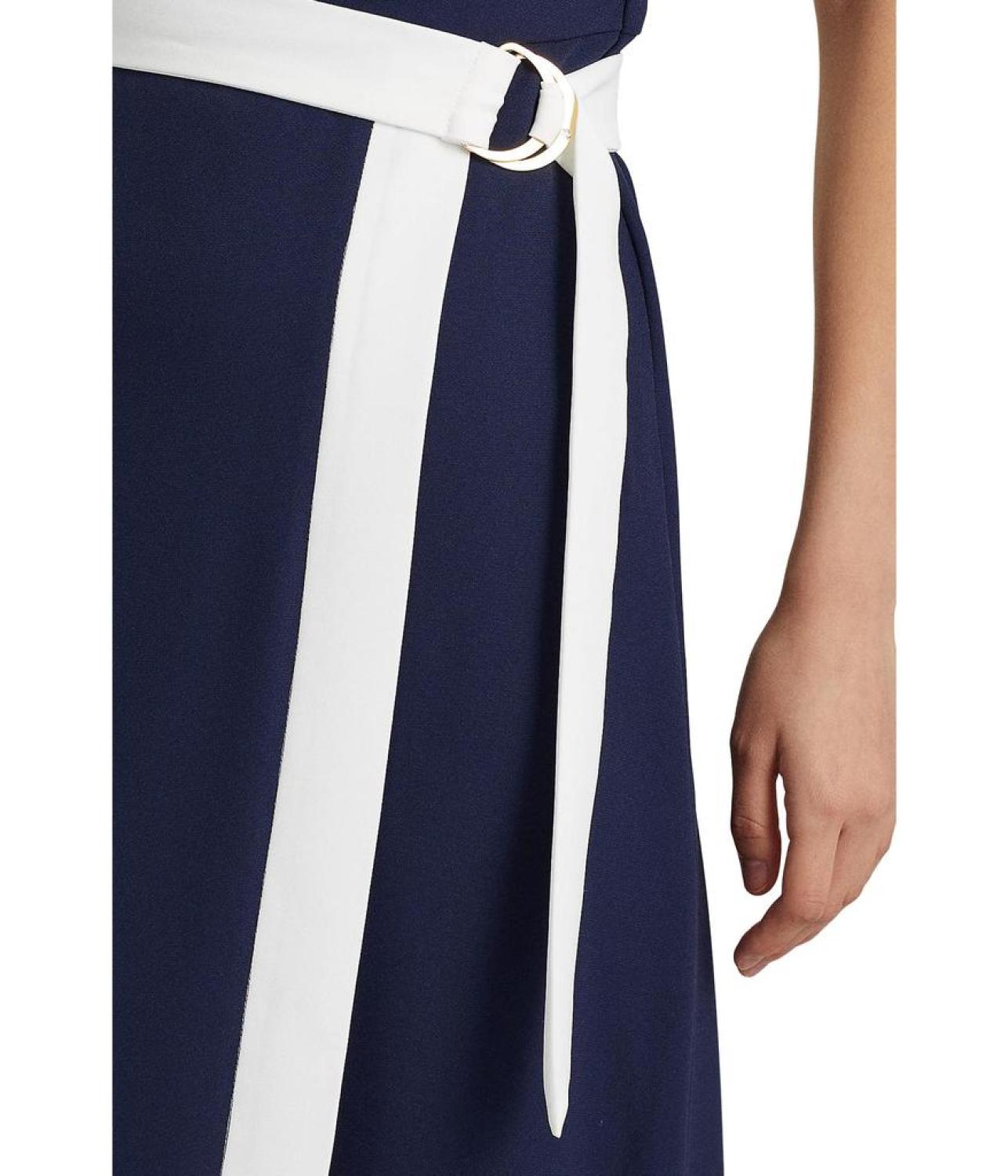 Belted Crepe Mock Neck Dress
