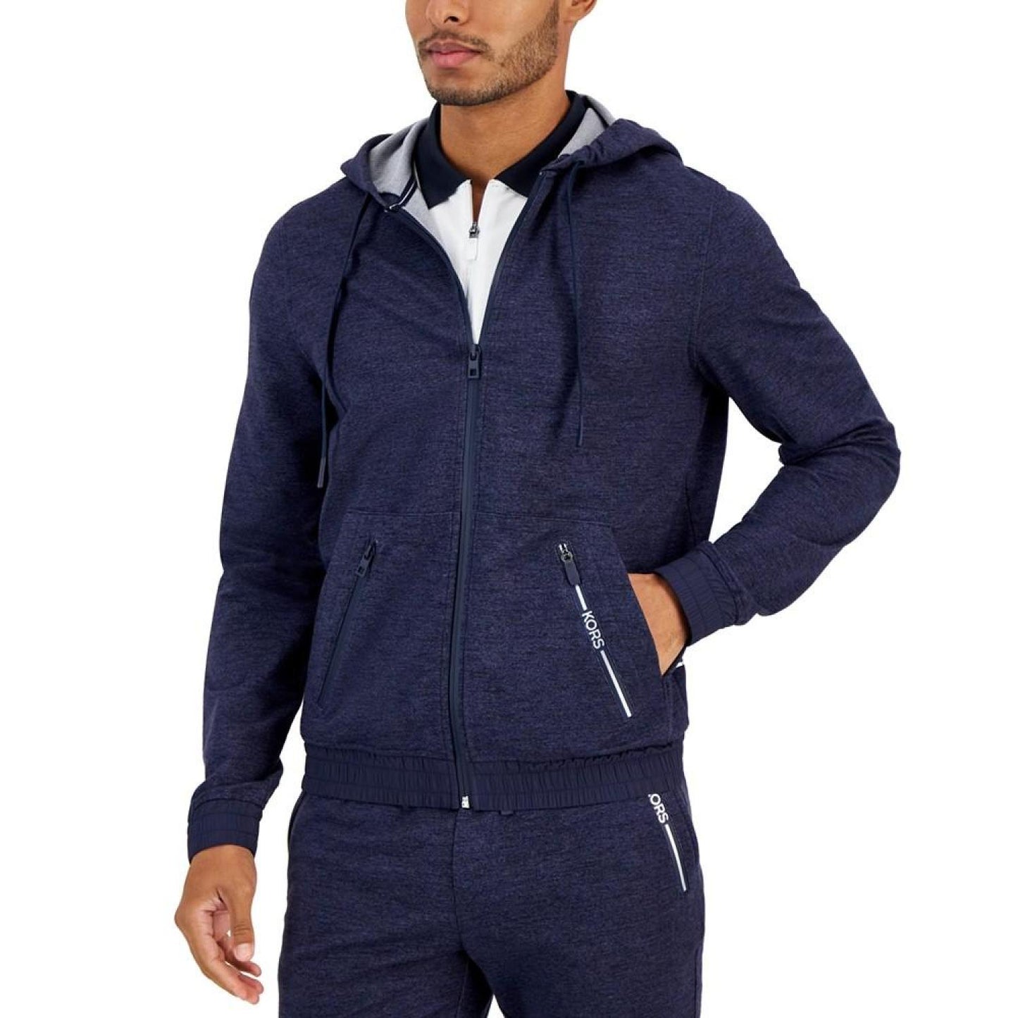 Men's Athletic-Fit Wrinkle-Resistant Performance Stretch Mixed-Media Full-Zip Tracksuit Hoodie