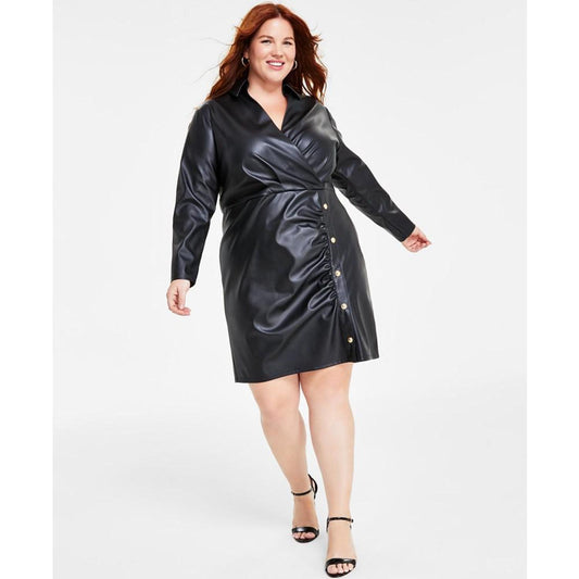 Plus Size Faux-Leather Wrap Dress