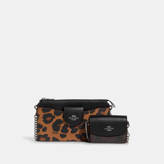 Coach Outlet Poppy Crossbody With Card Case With Leopard Print And Signature Canvas