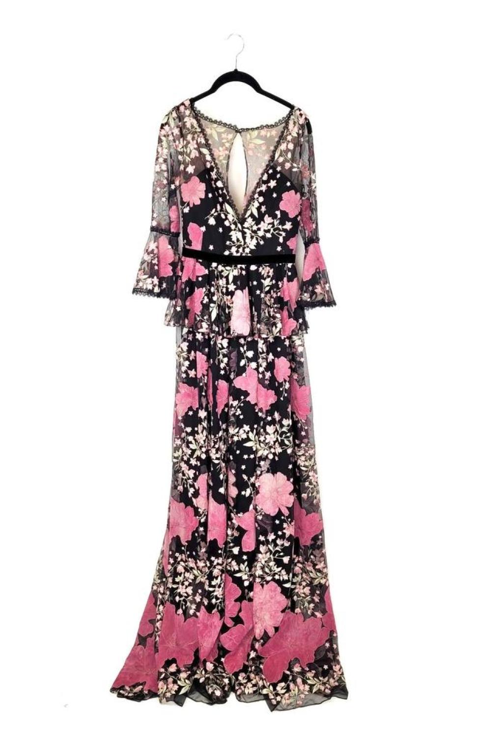 Bell Sleeve V Neck Floral Gown In Black