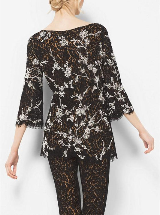 Crystal-Embroidered Floral Lace Tunic
