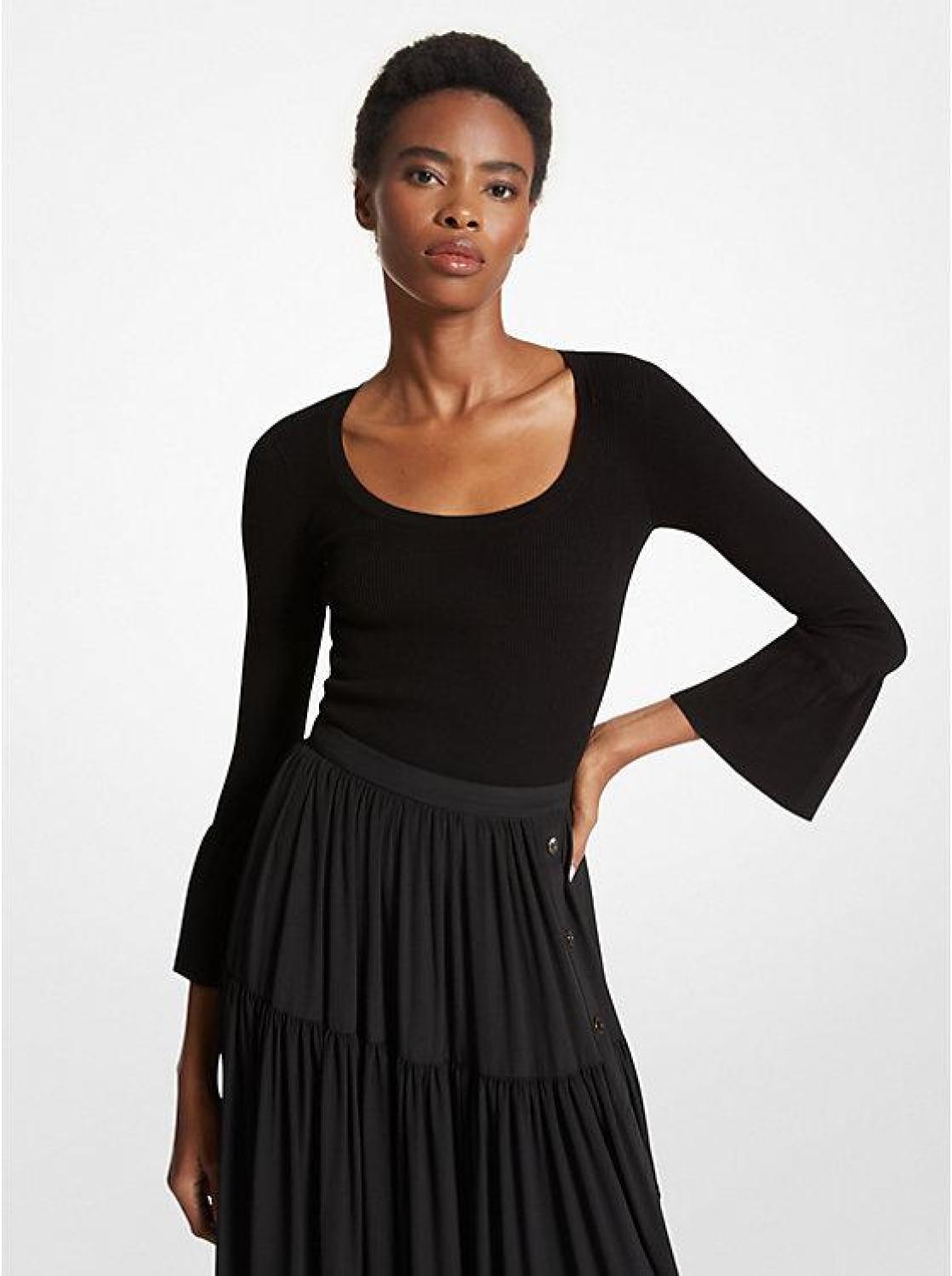 Ribbed Stretch Viscose Ruffle-Sleeve Sweater