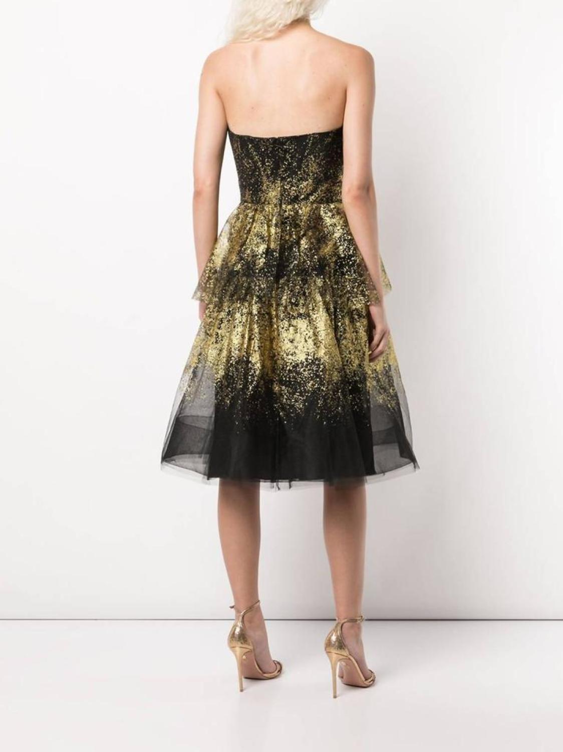 Glitter-Tulle Tiered Strapless Gown In Black