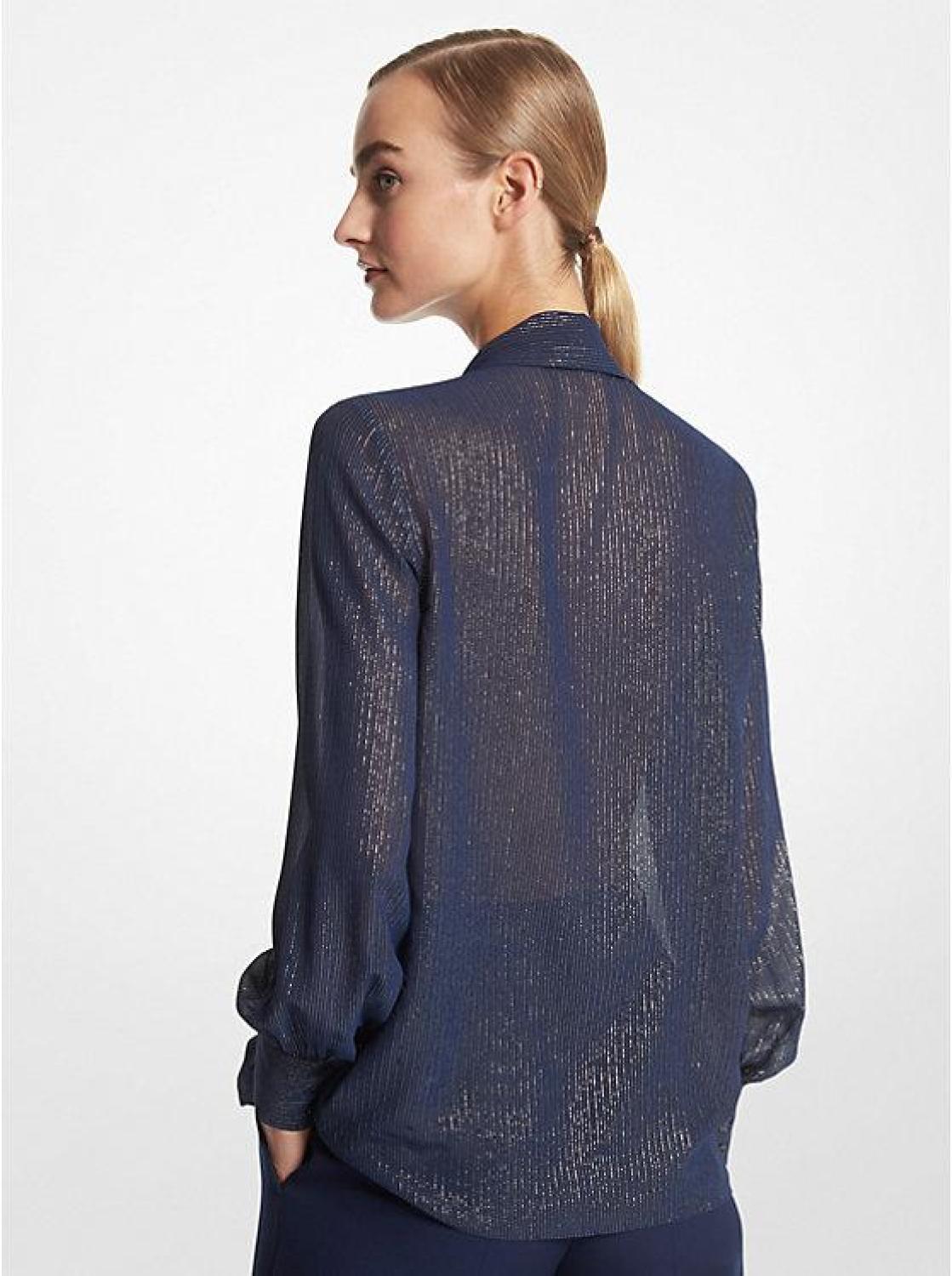 Striped Silk Blend Lamé Tie-Neck Blouse