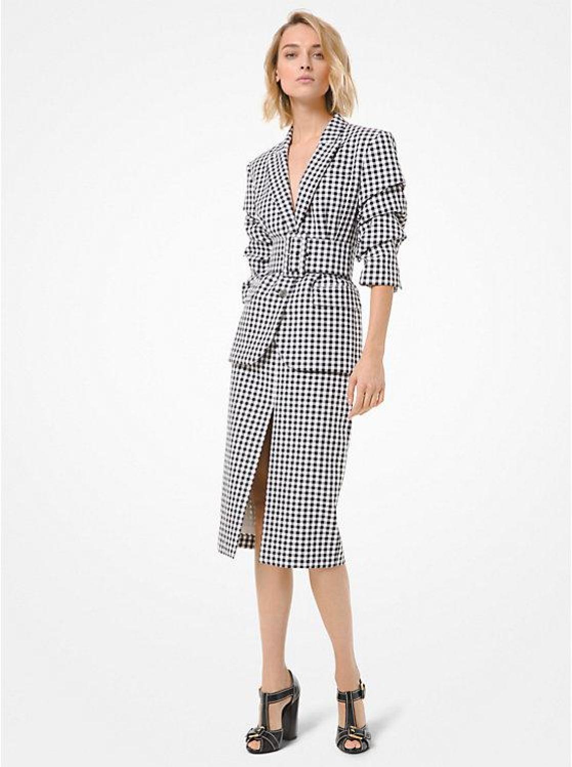 Gingham Cotton Slit-Front Pencil Skirt