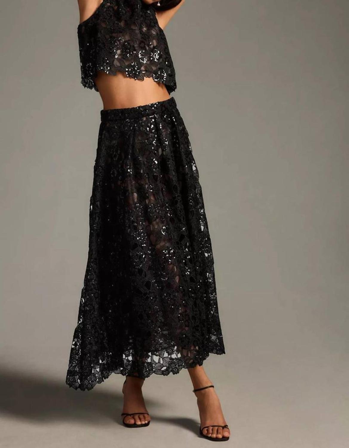 Sheer Embroidered Sequin Tank Top In Black
