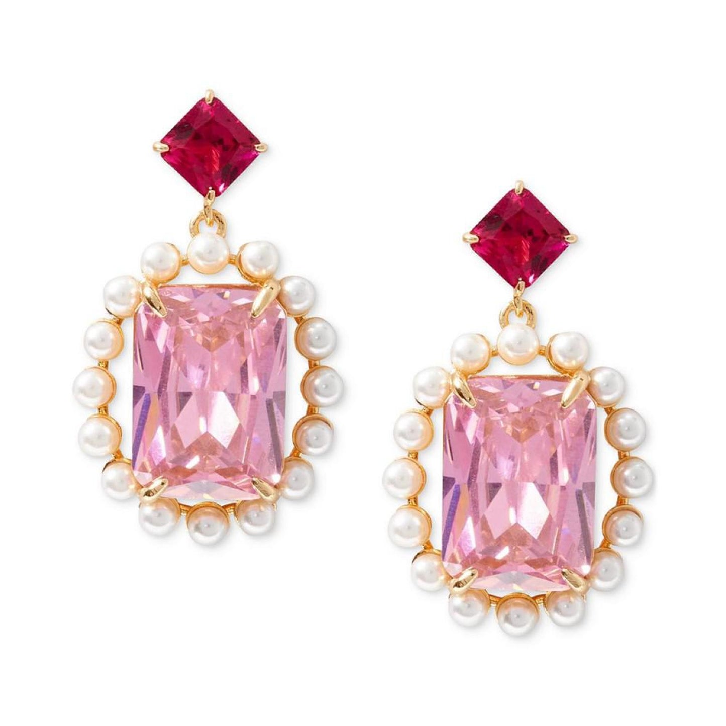 Gold-Tone Color Cubic Zirconia & Imitation Pearl Oval Halo Drop Earrings