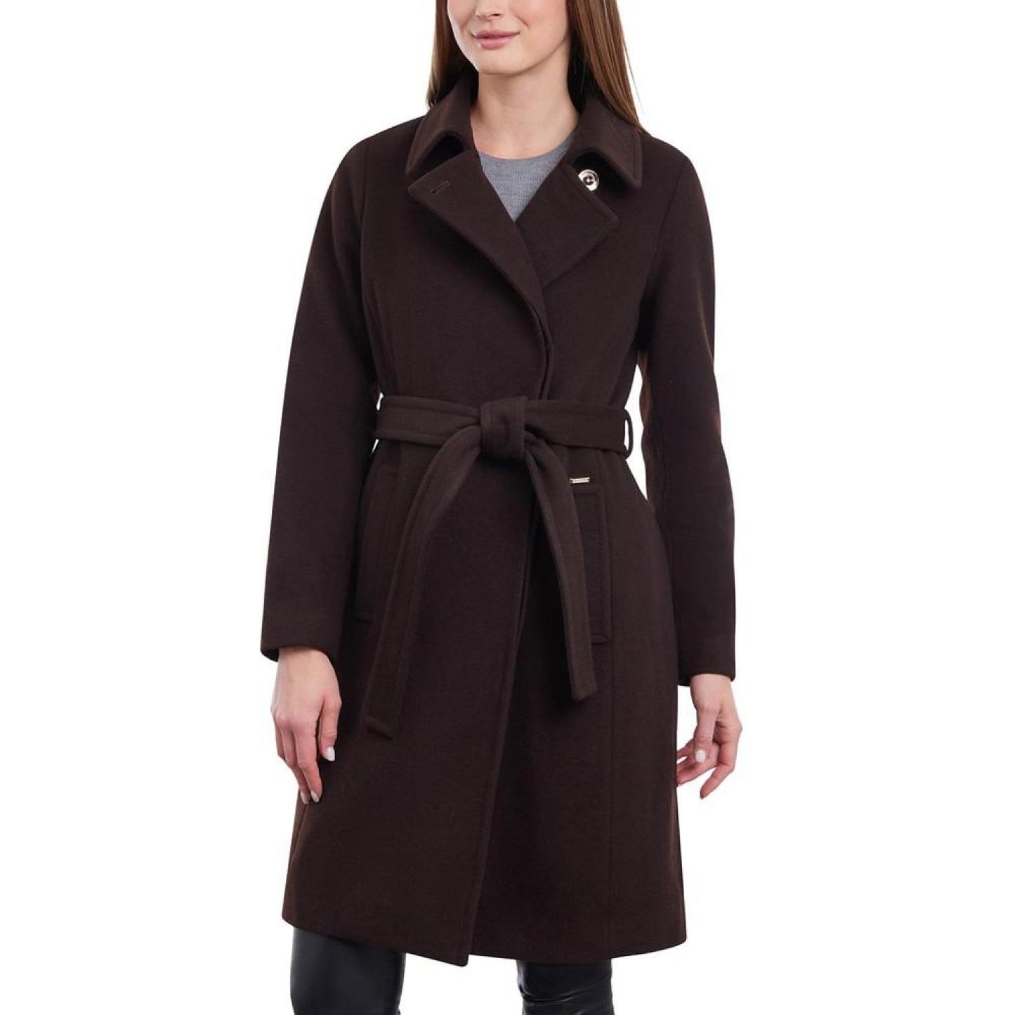 Women's Petite Belted Notched-Collar Wrap Coat