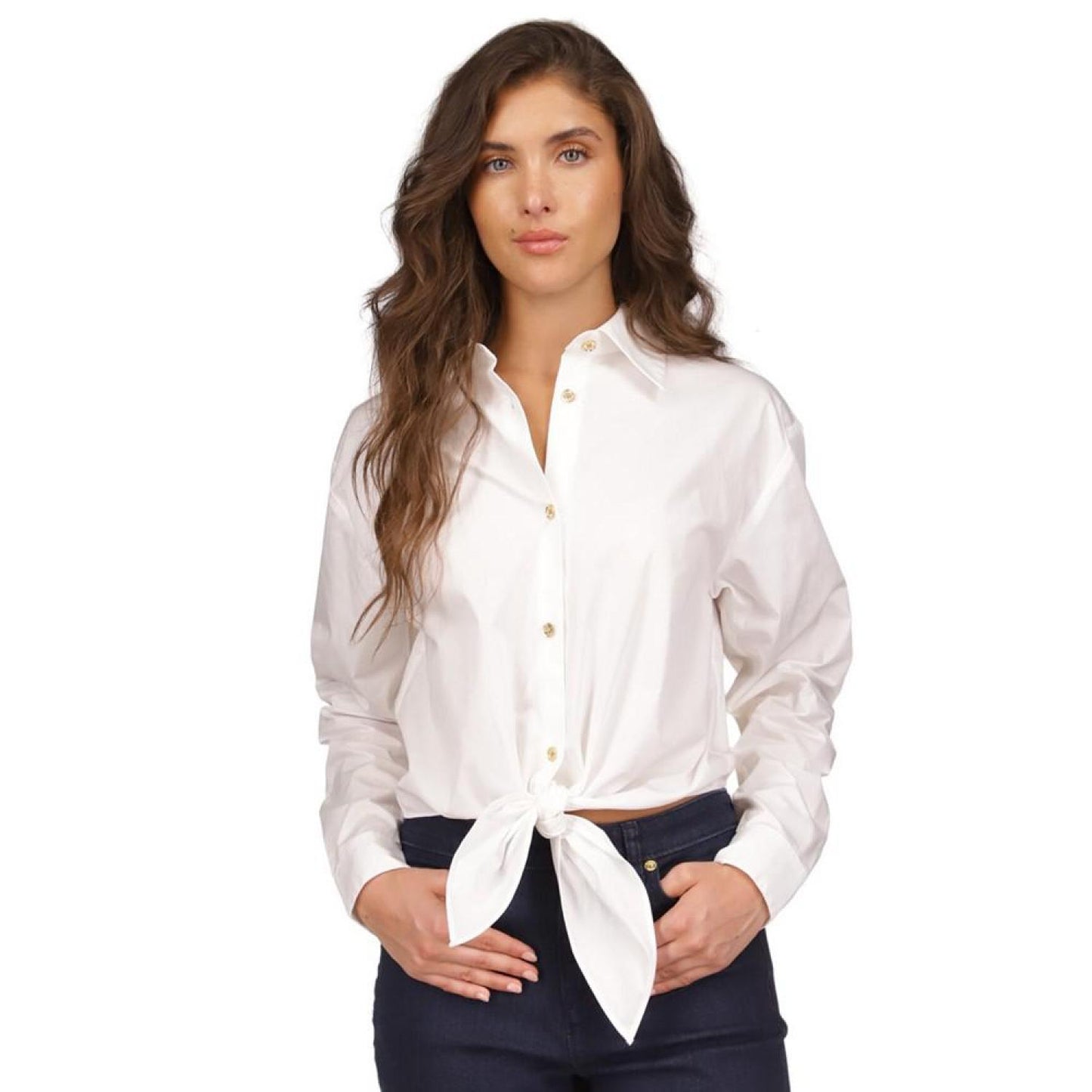 Women's Poplin Tie-Front Button-Down Cotton Shirt, Regular & Petite