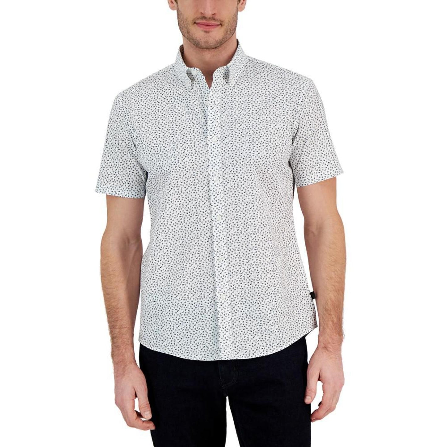 Men's Slim-Fit Stretch Bud Floral Leaf Print Short-Sleeve Button-Up Shirt