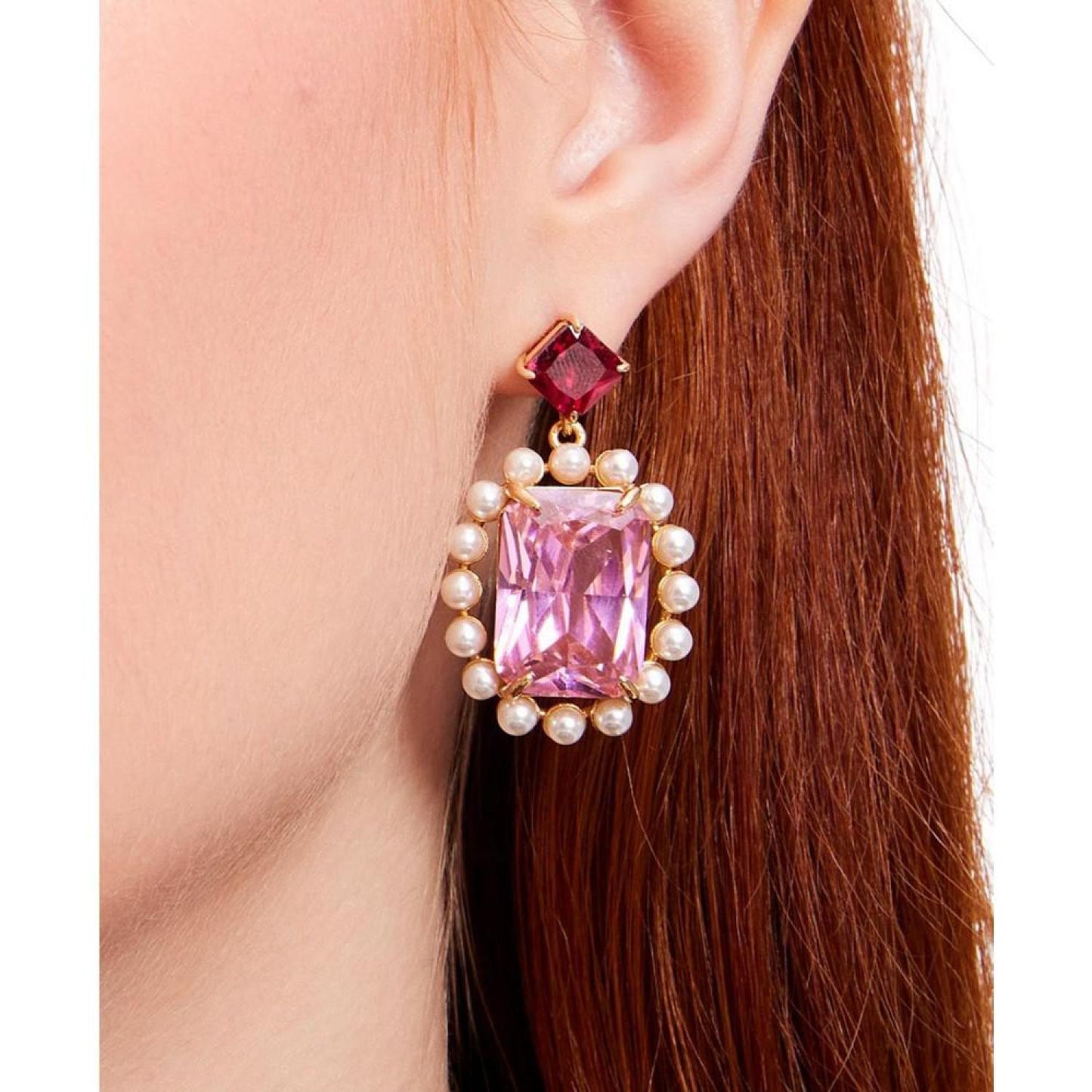 Gold-Tone Color Cubic Zirconia & Imitation Pearl Oval Halo Drop Earrings