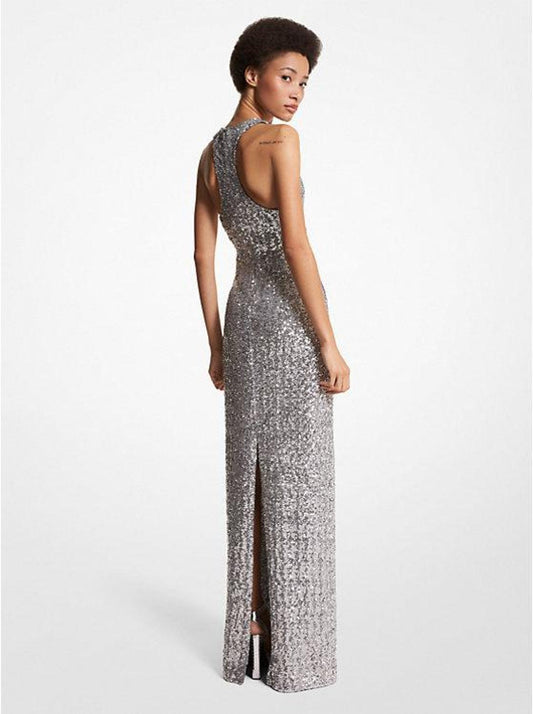 Paillette Embroidered Stretch Tulle Racerback Gown