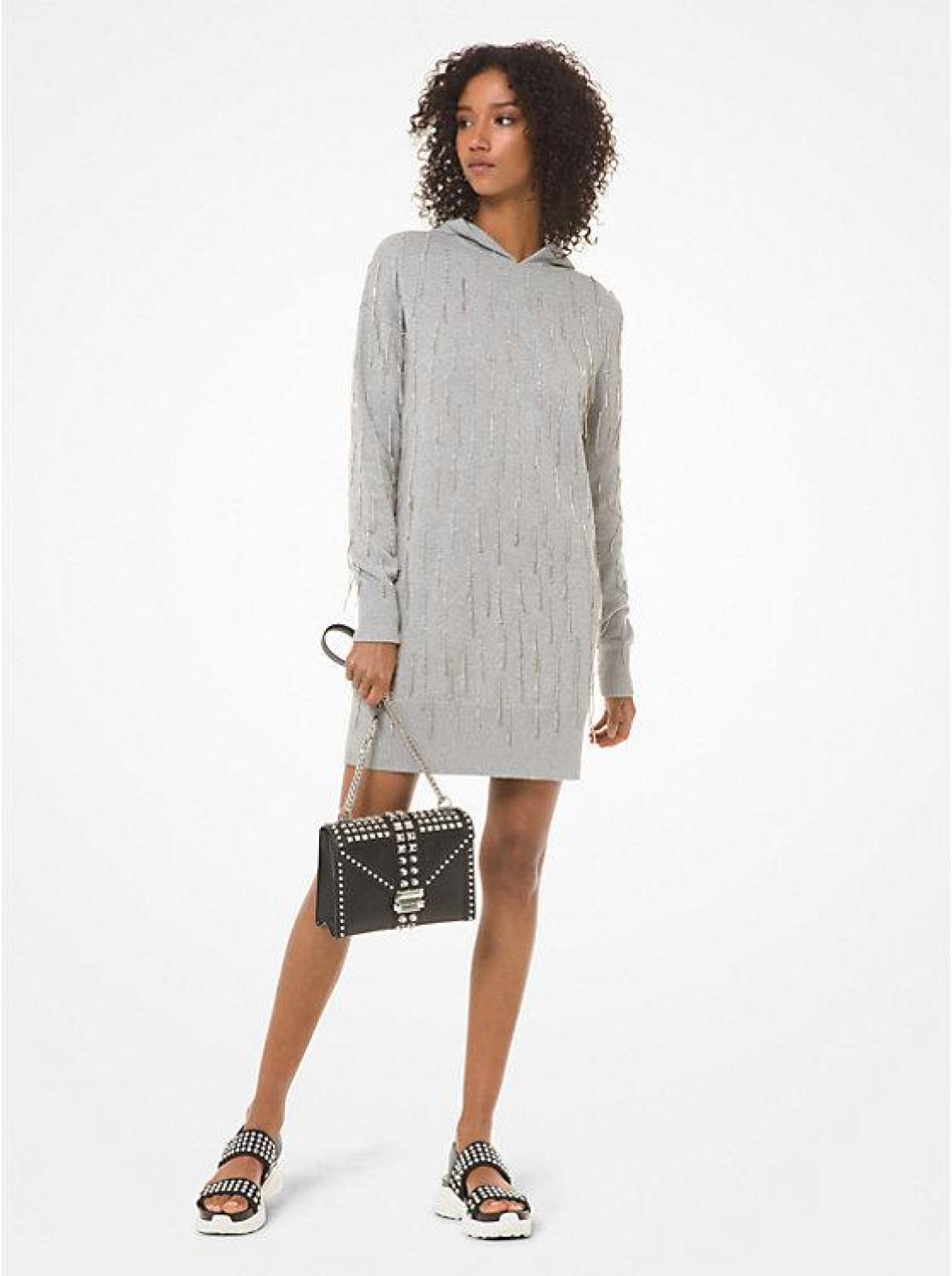 Crystal-Fringed Cotton-Blend Hoodie Dress