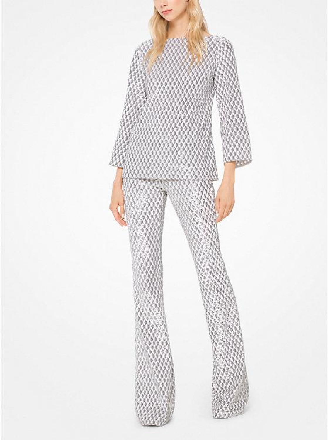 Geometric Sequined Stretch-Tulle Flared Pants