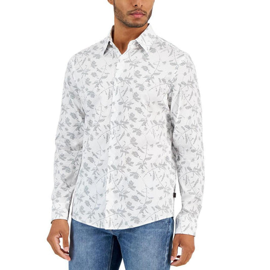 Men's Slim-Fit Stretch Dotted Botanical-Print Button-Down Shirt