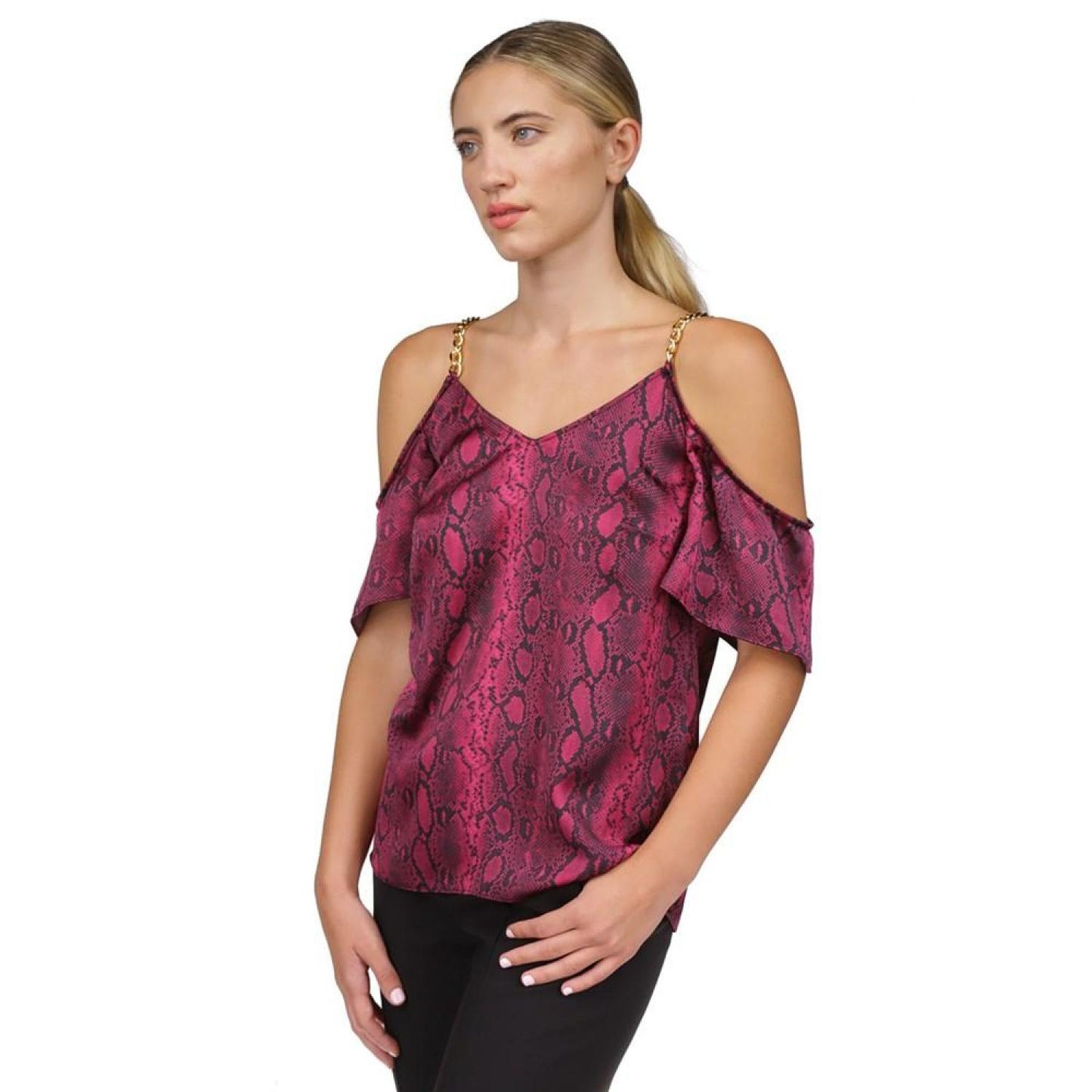 Women's Snakeskin-Print Cold-Shoulder Chain Top